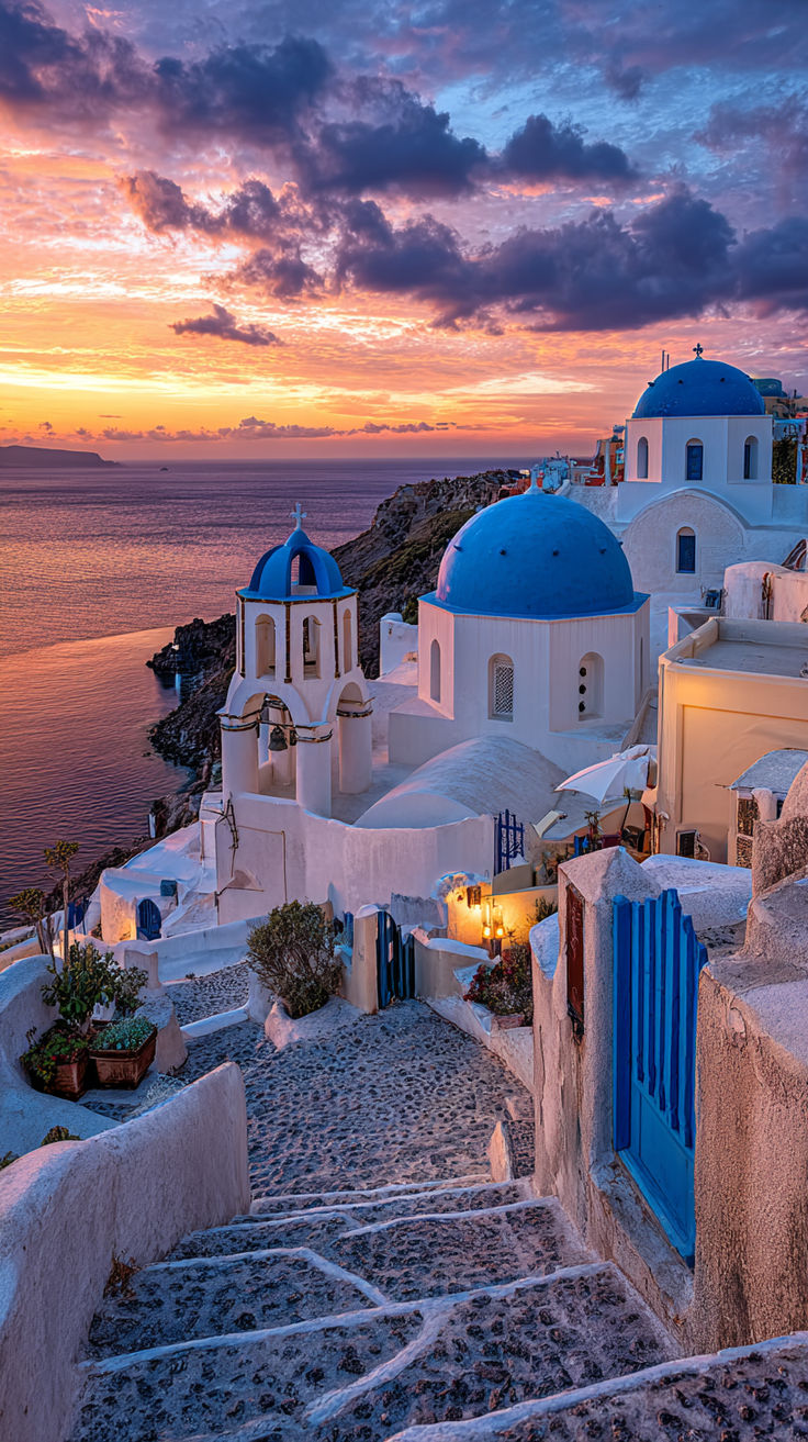 Santorini whitewashed buildings and blue domes